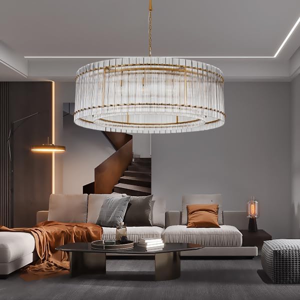 Gold Crystal Glass Chandelier 48 Inch 18 Lights, Modern Luxury Round Semi Flush Mount Pendant Lighting Fixtures for Dining Living Room, Kitchen Island, Entryway (Gold) - Image 3