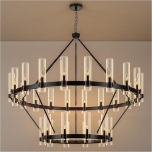 60 Inch Black Wagon Wheel Chandelier 2 Tier with Glass Shade, 30 Lights, Modern Farmhouse Style, Ideal for Dining Room, Kitchen, Entryways