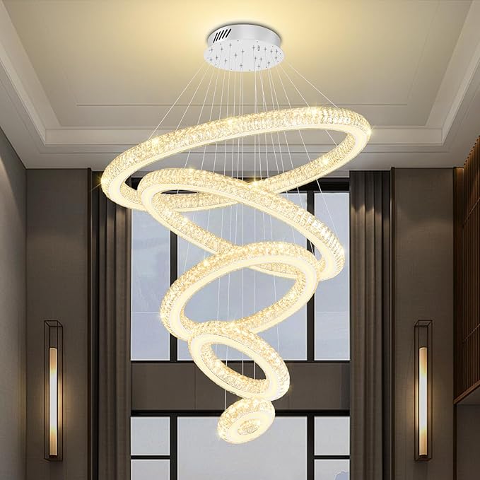 Dimmable Crystal LED Chandelier for High Ceiling Large Ring Chandelier for Foyer, Staircase, Living Room(Silver 5-Ring) - Image 3
