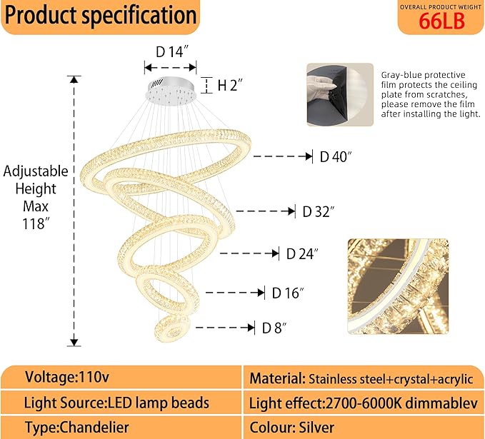 Dimmable Crystal LED Chandelier for High Ceiling Large Ring Chandelier for Foyer, Staircase, Living Room(Silver 5-Ring) - Image 2