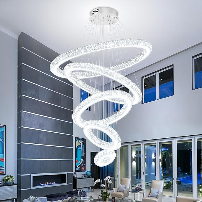 Dimmable Crystal LED Chandelier for High Ceiling Large Ring Chandelier for Foyer, Staircase, Living Room(Silver 5-Ring)