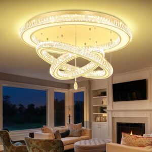 Glam Crystal Ring Chandelier for Living Room 40in Modern Led Gold Flush Mount Chandelier with K9 Crystal Raindrop