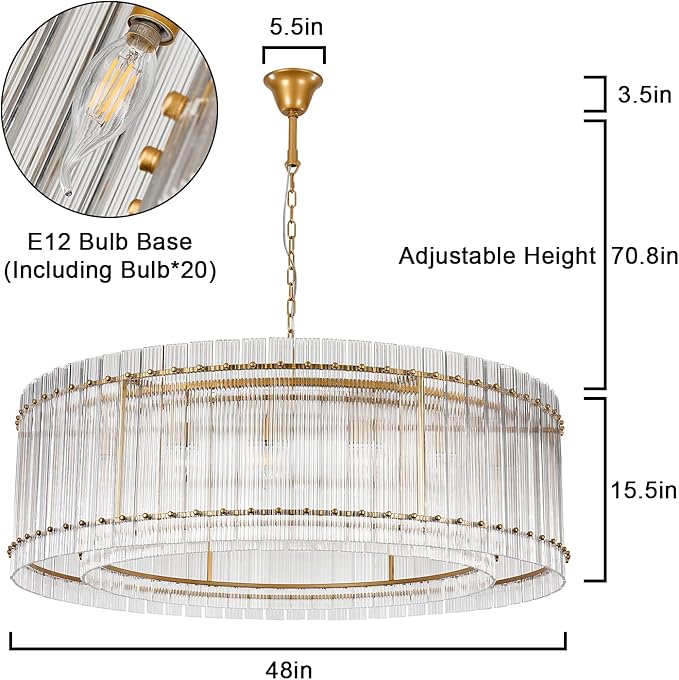 Gold Crystal Glass Chandelier 48 Inch 18 Lights, Modern Luxury Round Semi Flush Mount Pendant Lighting Fixtures for Dining Living Room, Kitchen Island, Entryway (Gold) - Image 2