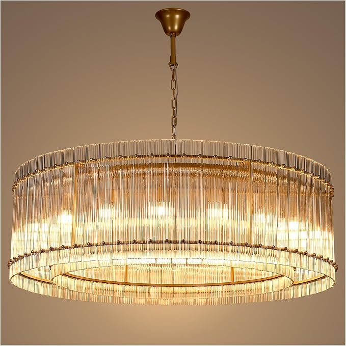 Gold Crystal Glass Chandelier 48 Inch 18 Lights, Modern Luxury Round Semi Flush Mount Pendant Lighting Fixtures for Dining Living Room, Kitchen Island, Entryway (Gold)