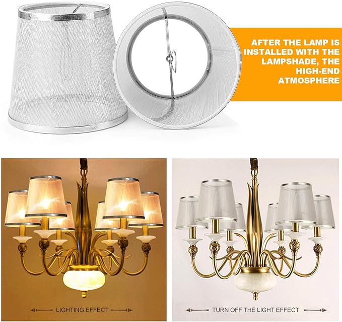 YISUN Set of 6 Crystal Chandelier Mini Lamp Shade 5.5-inch, Bell, Clip On Lamp Shade, Champagne Organza (Silver) - Image 2