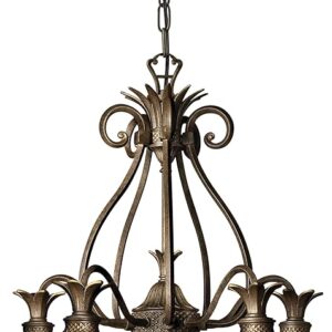 Hinkley Plantation Small Single Tier Chandelier - Pineapple Motif, 5-Light, Inside Etched Amber Optic Glass, Aluminum - Pearl Bronze Finish