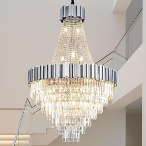 54" Large Crystal Chandelier for High Ceilings, 21-Light Luxury Silver Long Chandeliers for Staircase, Foyer, Entryway, Living Room, Hallway, Modern K9 Crystal Tiered Chandelier Light Fixture