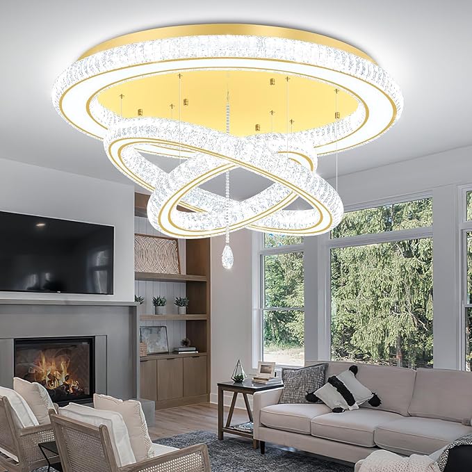 Glam Crystal Ring Chandelier for Living Room 40in Modern Led Gold Flush Mount Chandelier with K9 Crystal Raindrop - Image 3